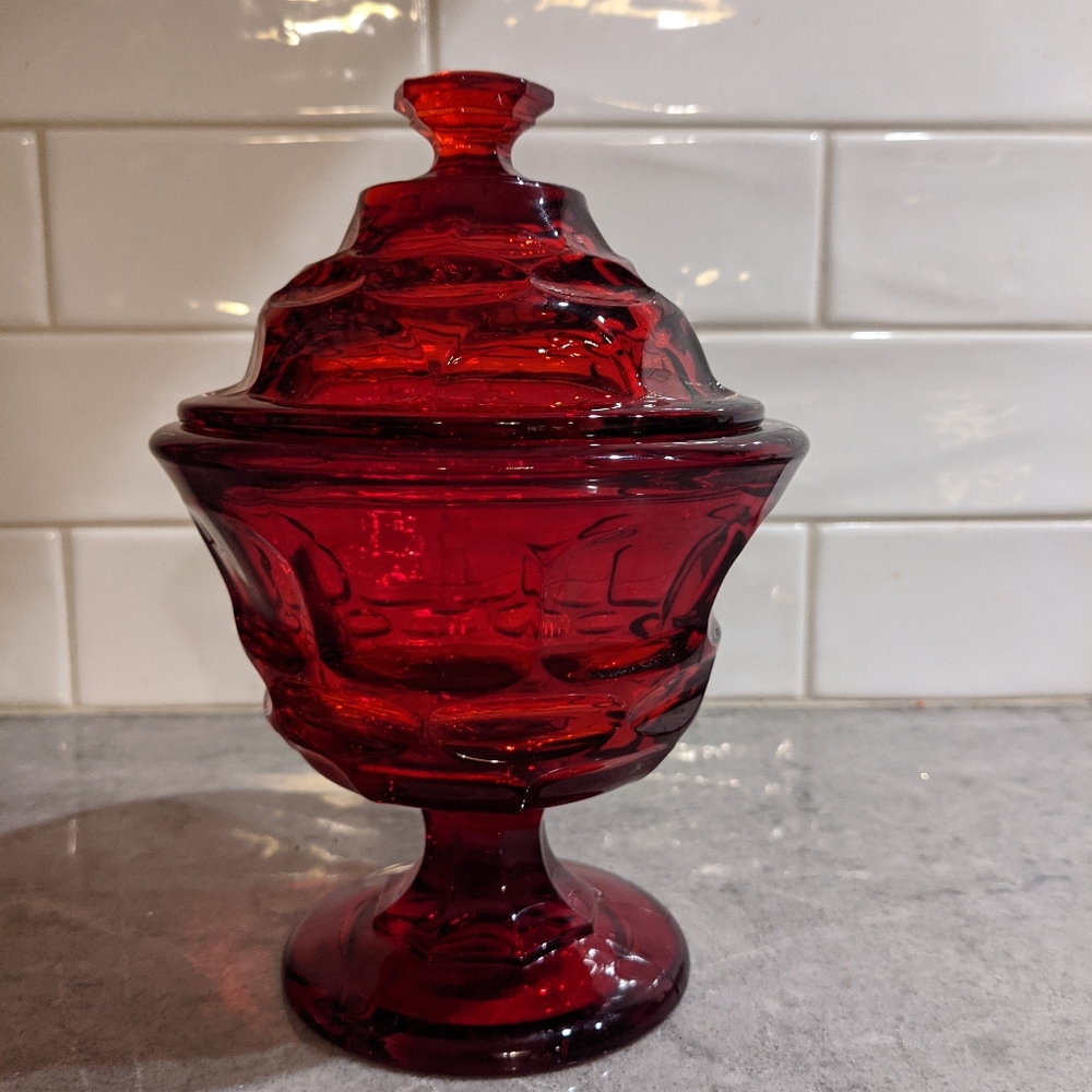 Vintage ruby red footed lidded candy dish